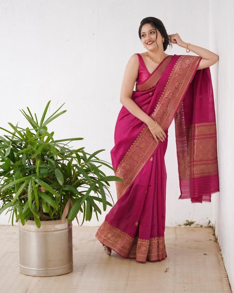 Women Pink Banarasi Soft Silk Saree