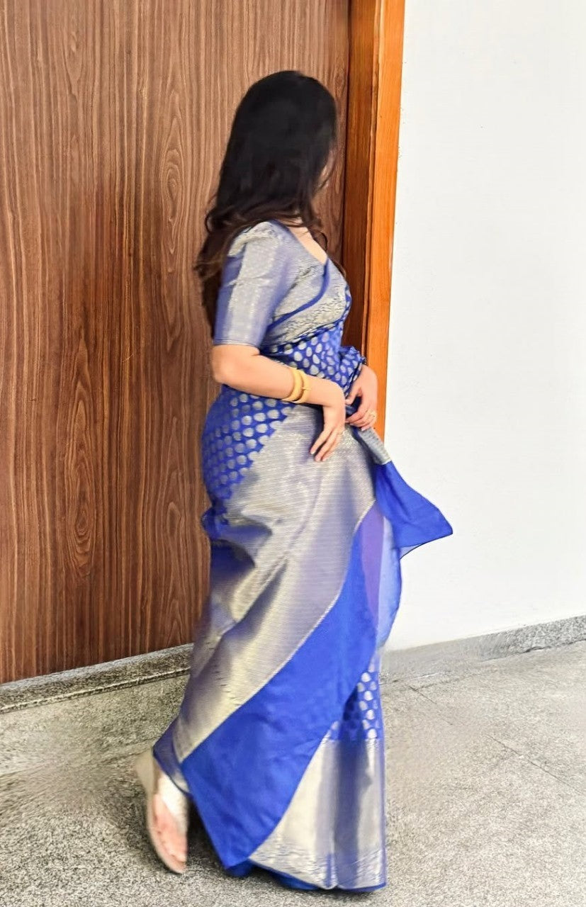 Women Royal Blue Silk Banarasi Saree