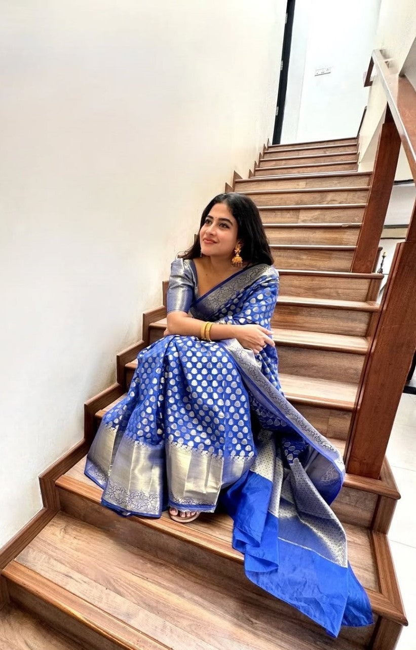 Women Royal Blue Silk Banarasi Saree