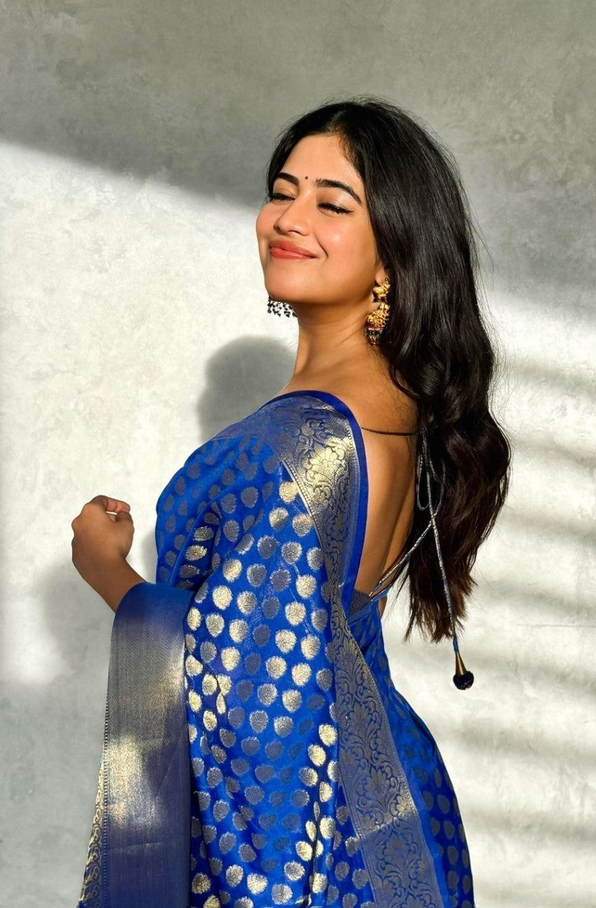 Women Royal Blue Silk Banarasi Saree
