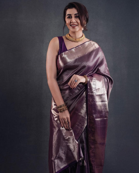 Women Dark Purple Silk Festive Wear Saree