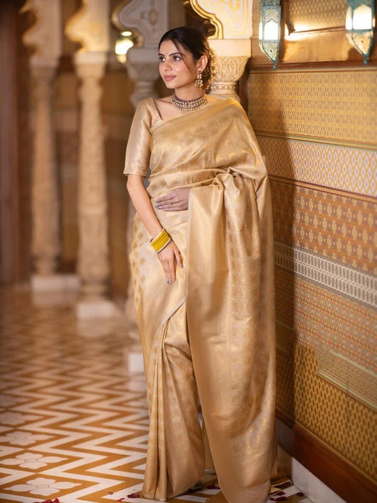 Women Golden Silk With Zari Weaving Saree