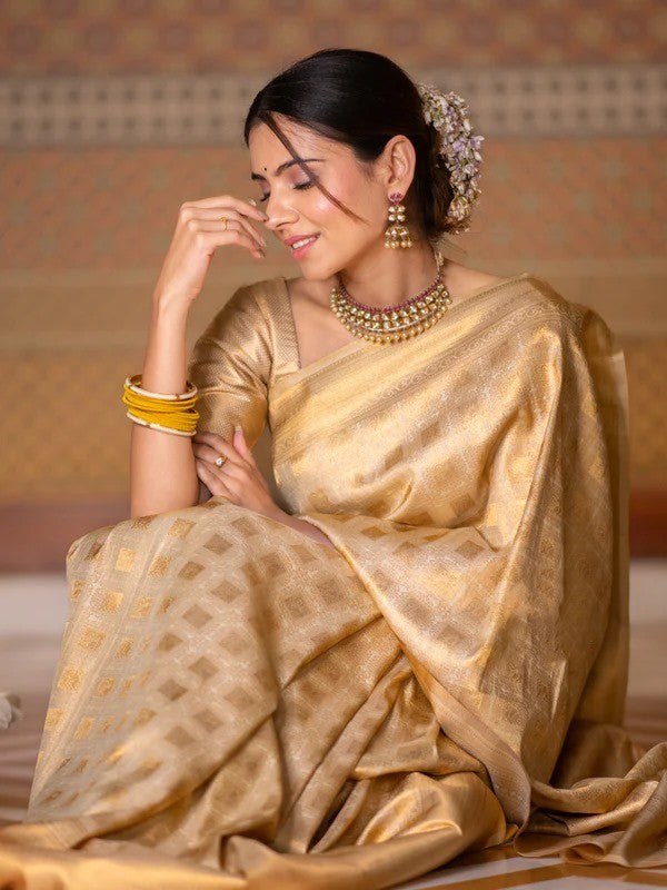 Women Golden Silk With Zari Weaving Saree