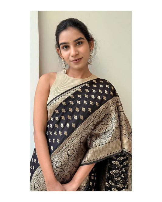 Women Black Silk With Golden Zari Saree