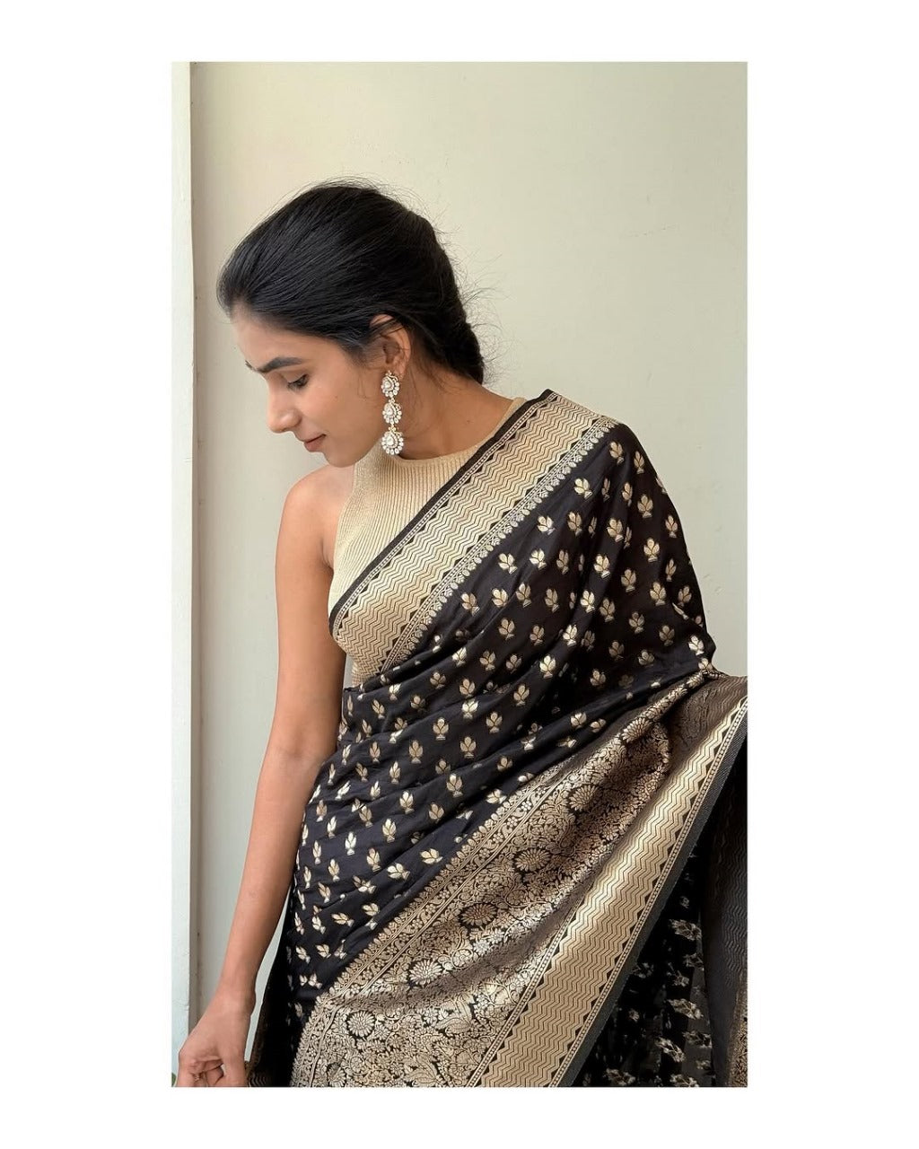 Women Black Silk With Golden Zari Saree