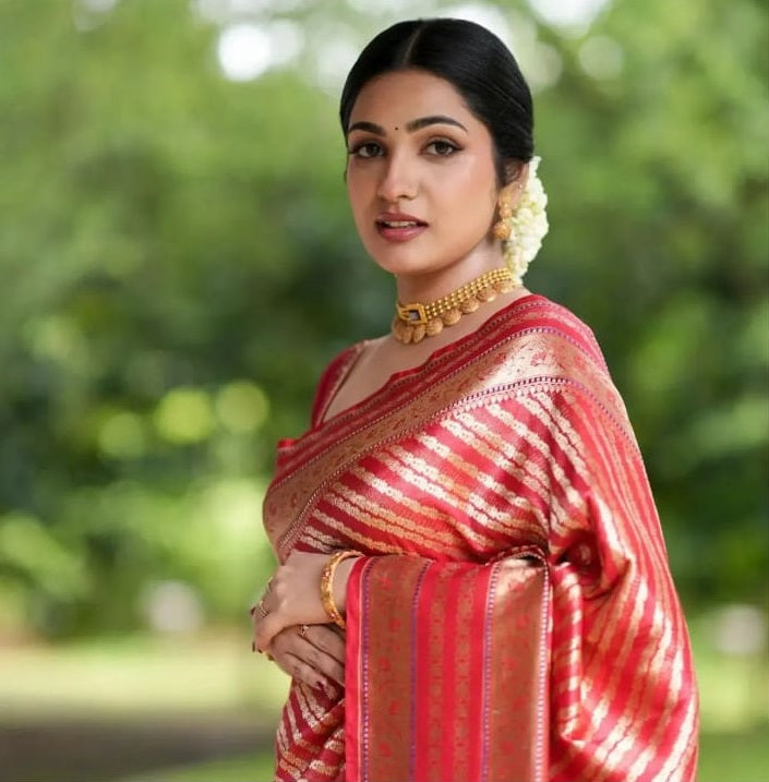 Women Red And Golden Silk Saree