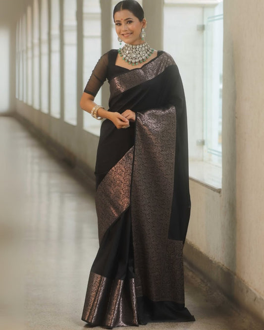 Women Black Banarasi Soft Silk Saree