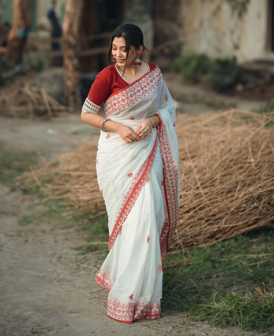 Women White And Maroon Soft Cotton Silk Saree