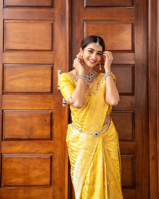 Women Yellow Silk Golden Zari Work Saree