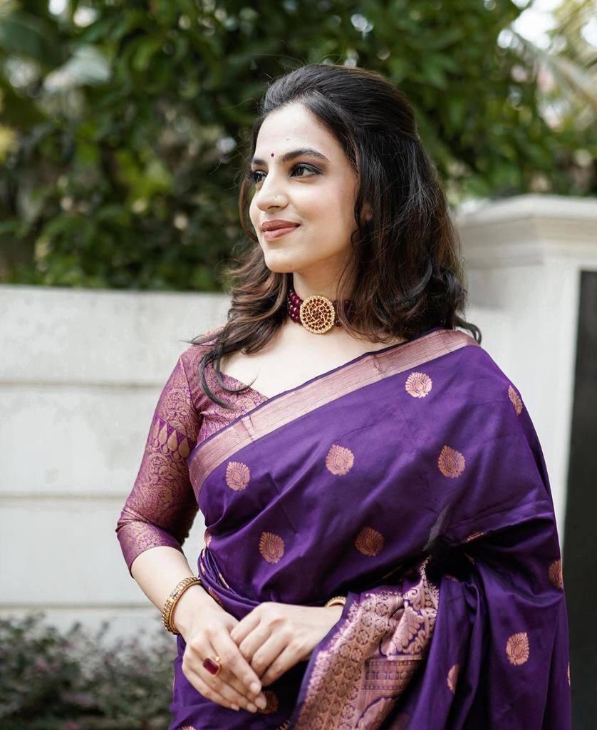 Women Purple Banarasi Soft Silk Saree