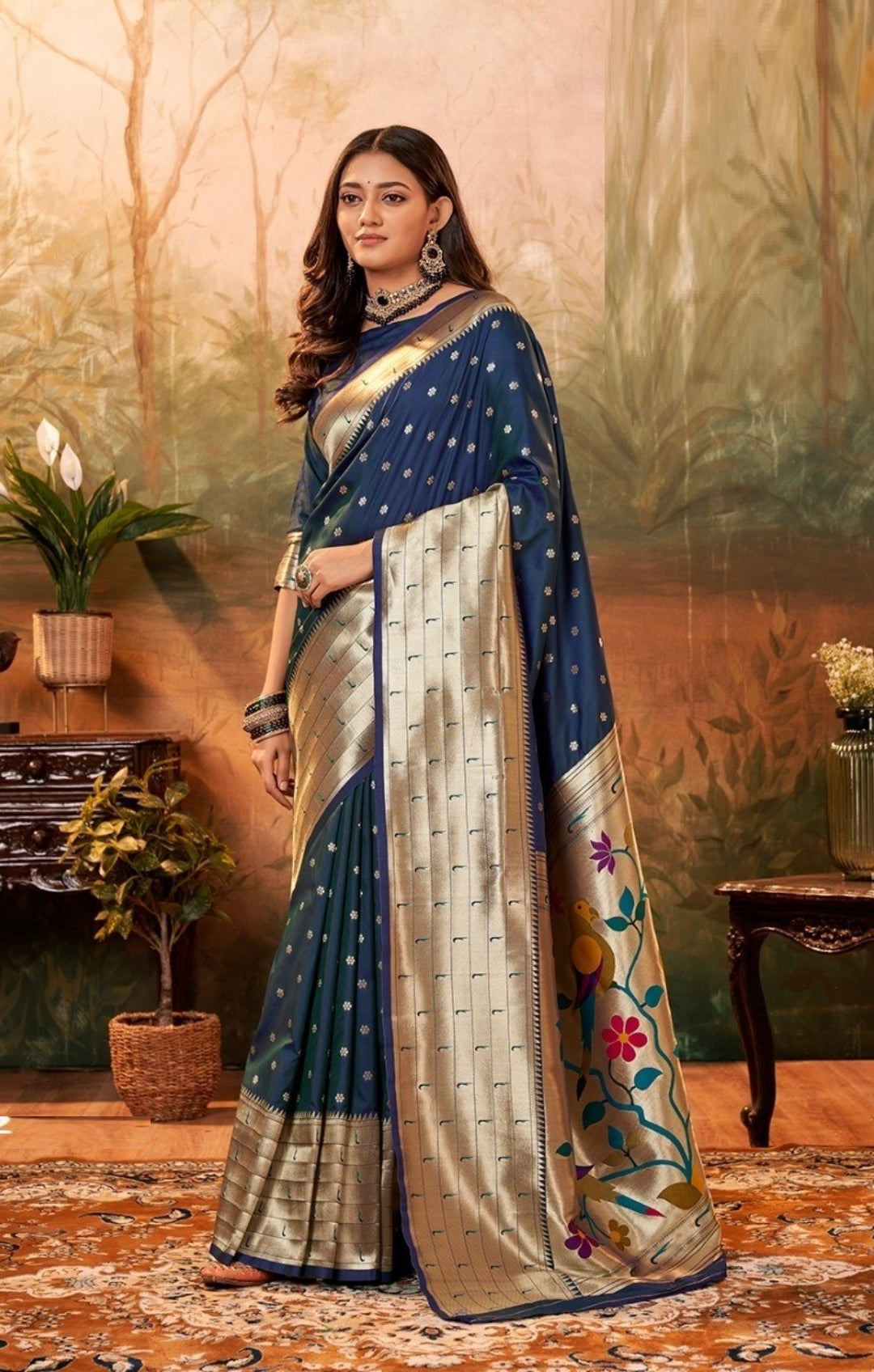 Women Navy Blue Paithani Silk Saree