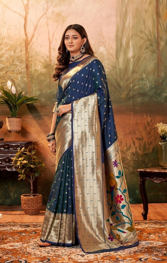 Women Navy Blue Paithani Silk Saree
