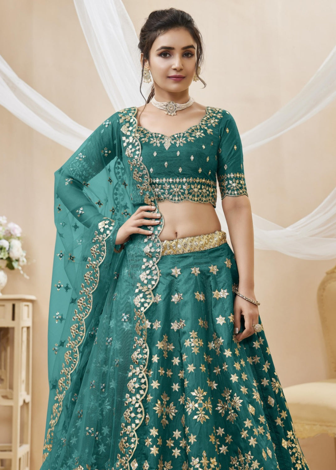 Sleek Rama Green Art Silk Reception Lehenga