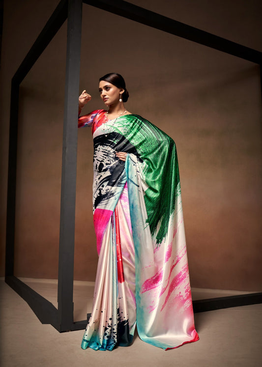 Captivating Multicolor Satin With Digital Print Vibrant Saree
