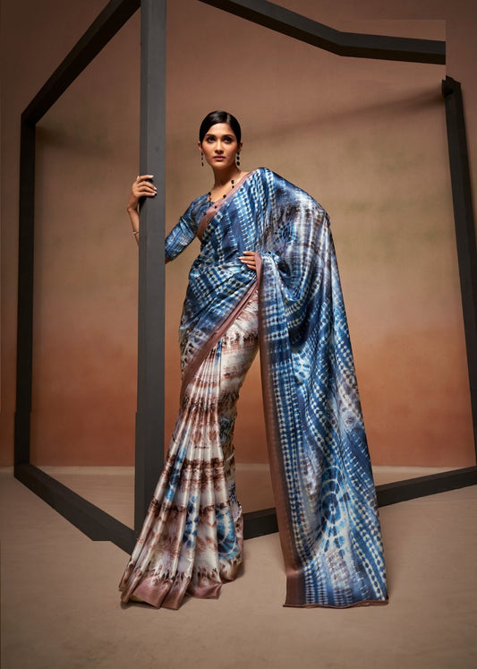Pretty Navy Blue Satin With Digital Print Vibrant Saree