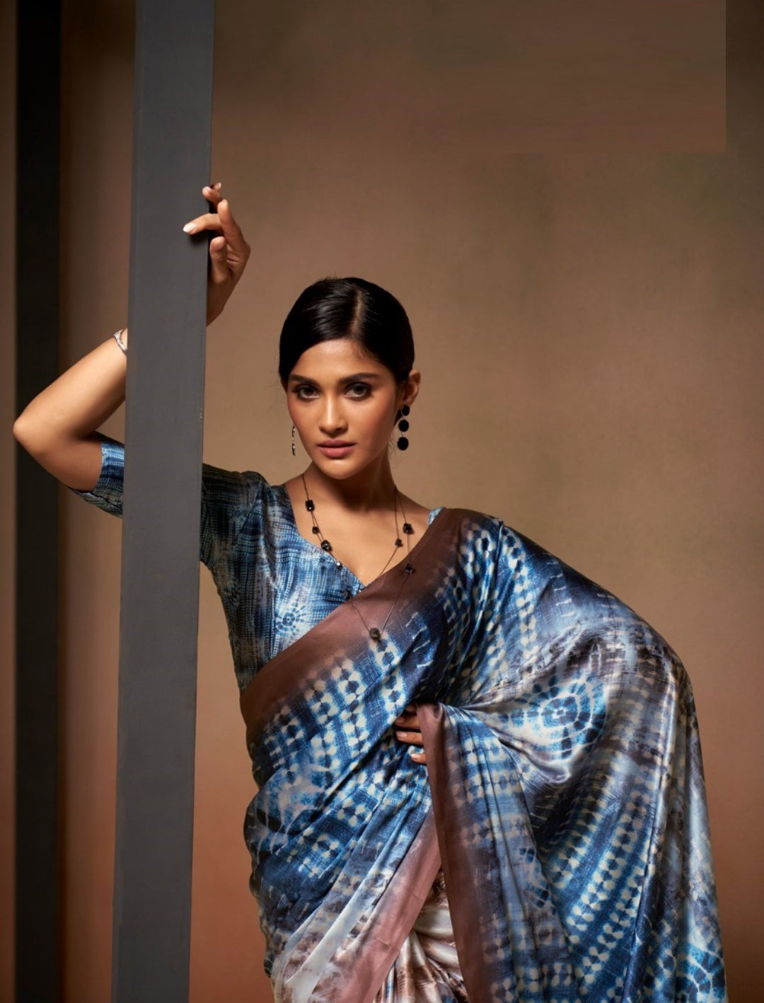 Pretty Navy Blue Satin With Digital Print Vibrant Saree