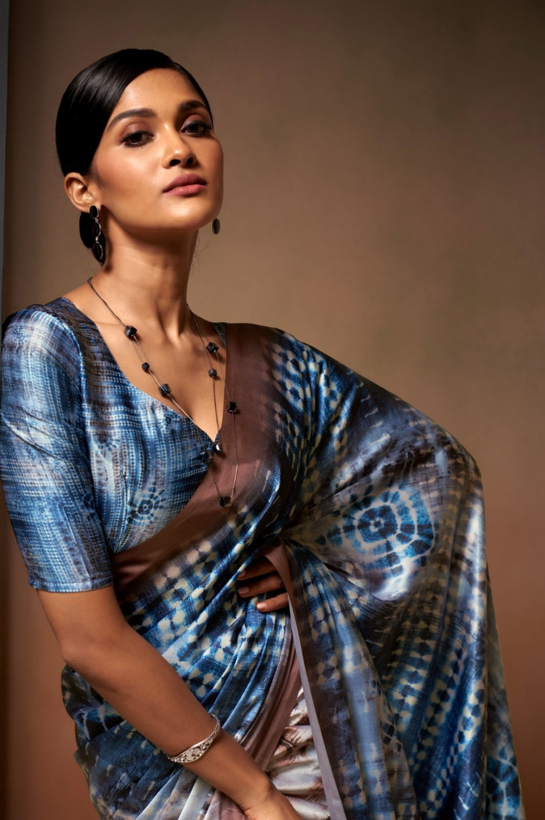 Pretty Navy Blue Satin With Digital Print Vibrant Saree