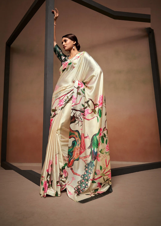Charming Cream Satin With Digital Print Vibrant Saree