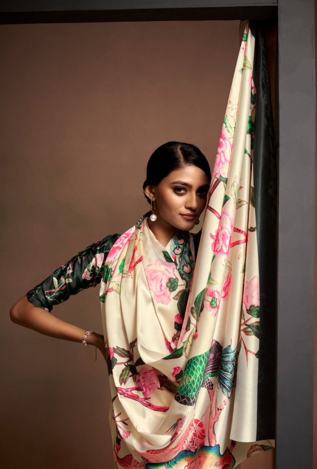 Charming Cream Satin With Digital Print Vibrant Saree