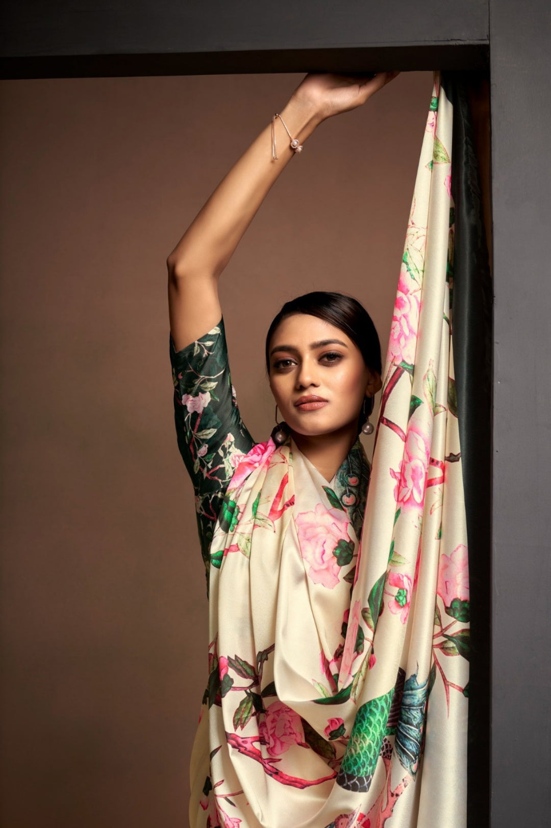 Charming Cream Satin With Digital Print Vibrant Saree