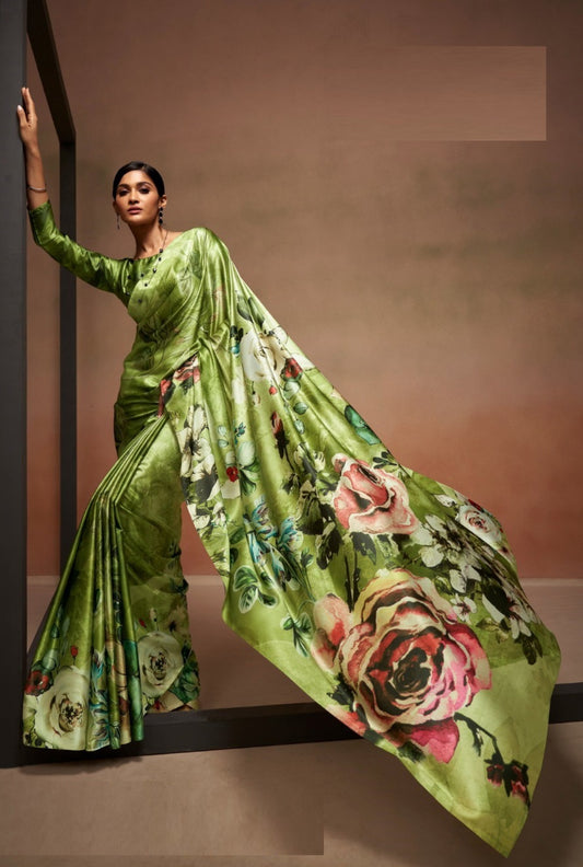 Comfy Green Satin With Digital Print Vibrant Saree
