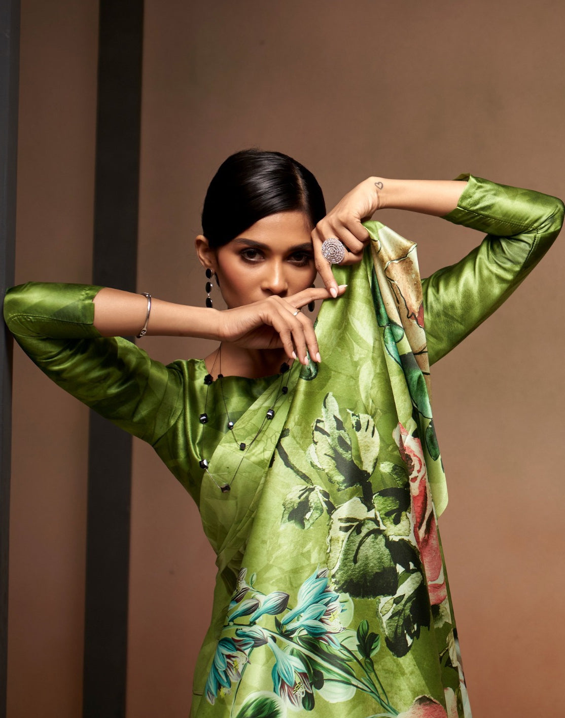 Comfy Green Satin With Digital Print Vibrant Saree