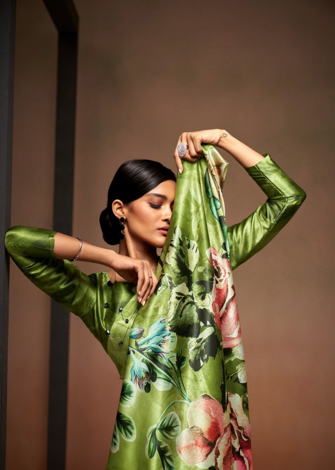 Comfy Green Satin With Digital Print Vibrant Saree