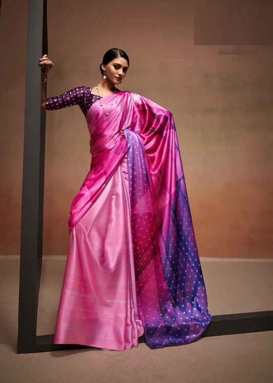 Magnificent Pink Satin With Digital Print Vibrant Saree