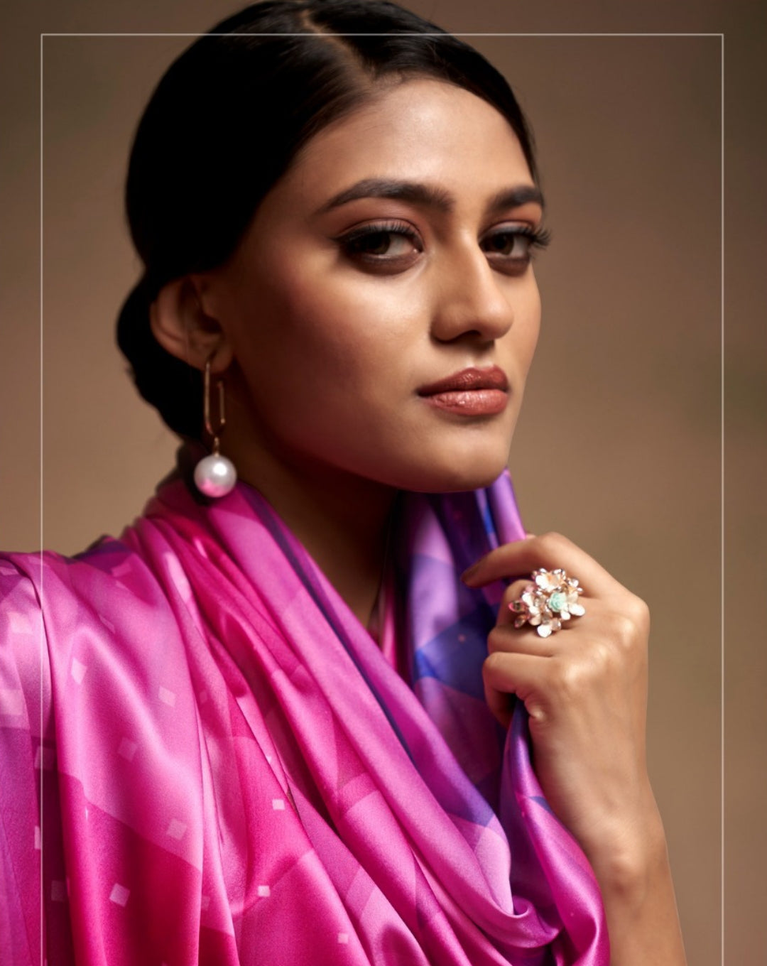 Magnificent Pink Satin With Digital Print Vibrant Saree