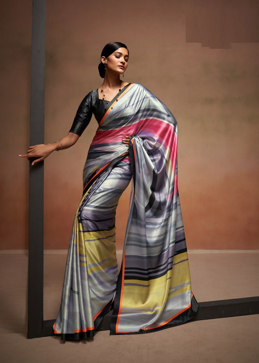 Elegant Grey And Black Satin With Digital Print Vibrant Saree