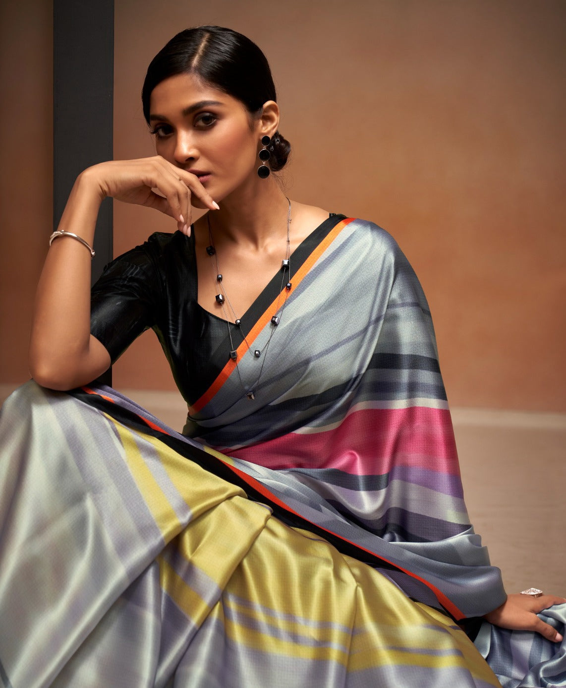 Elegant Grey And Black Satin With Digital Print Vibrant Saree