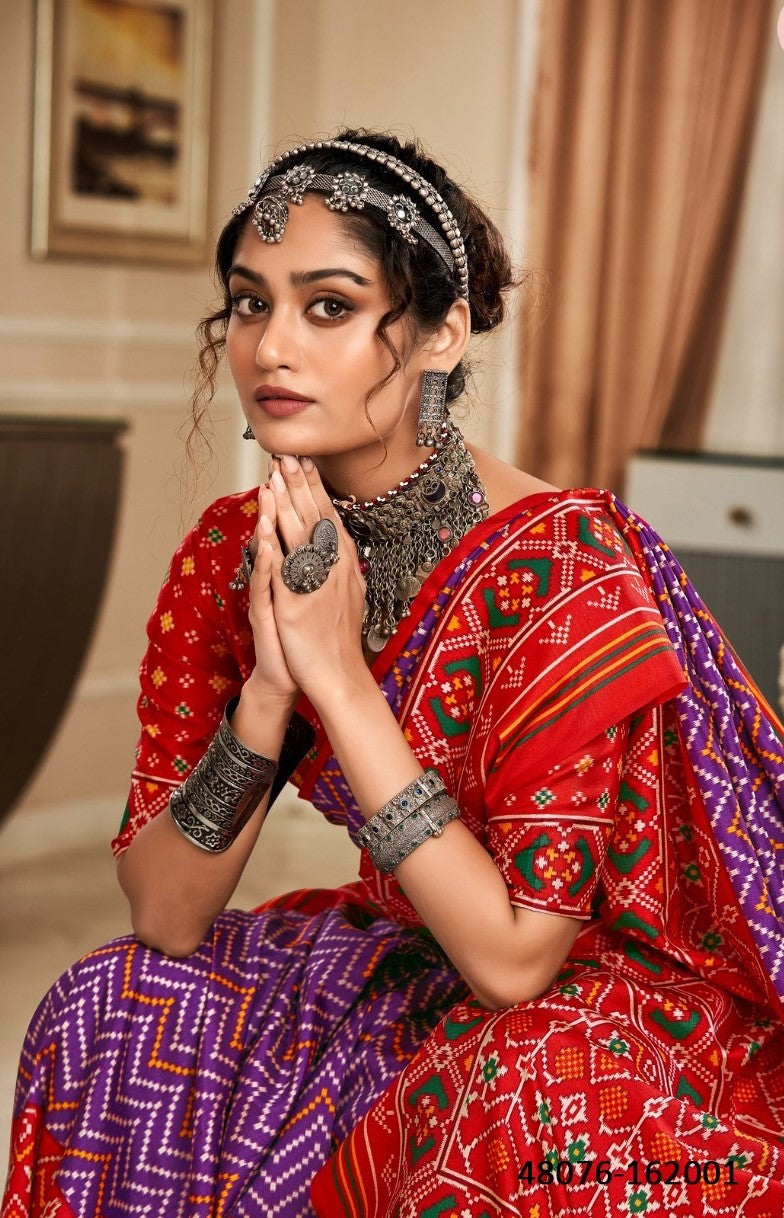 Women Red And Purple Tusser Patola Silk Saree