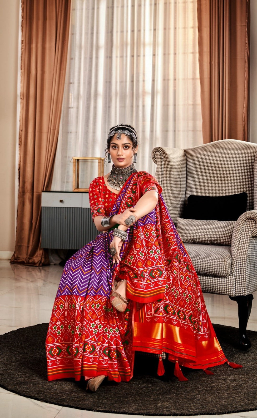 Women Red And Purple Tusser Patola Silk Saree