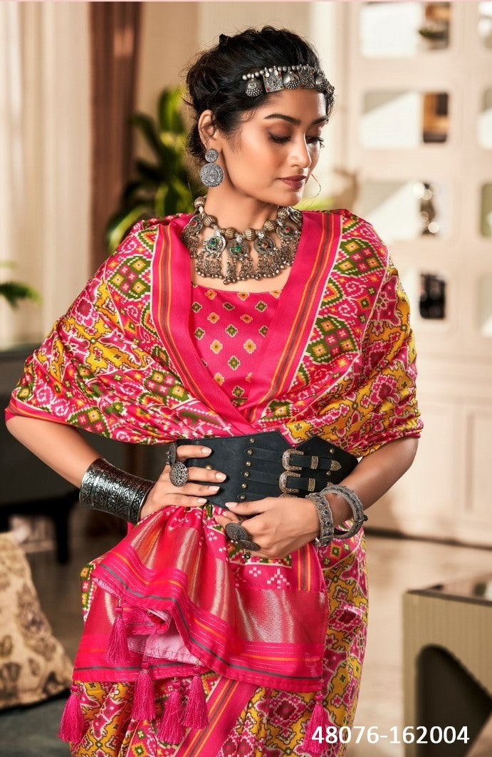 Women Multi Pink Tusser Patola Silk Saree