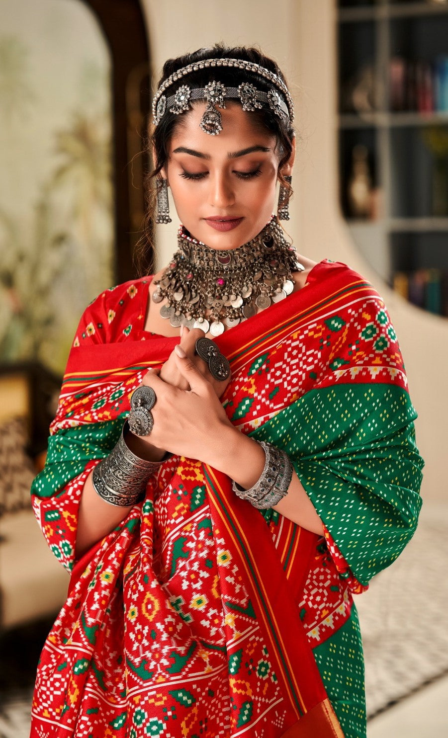 Women Green And Red Tusser Patola Silk Saree