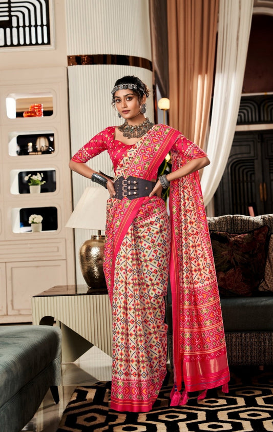 Women Off White And Pink Tusser Patola Silk Saree