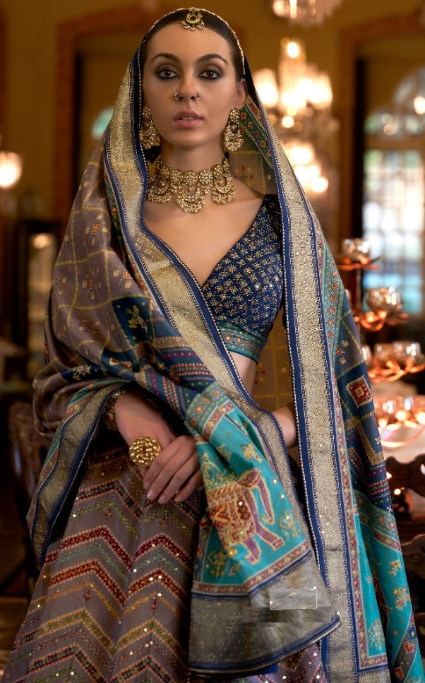 Alluring Blue Rajwadi Silk Bridal Lehenga With Mirror Work