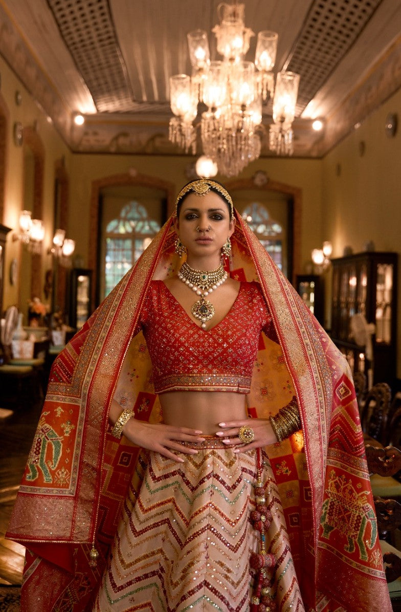 Sleek Orange Rajwadi Silk Bridal Lehenga With Mirror Work