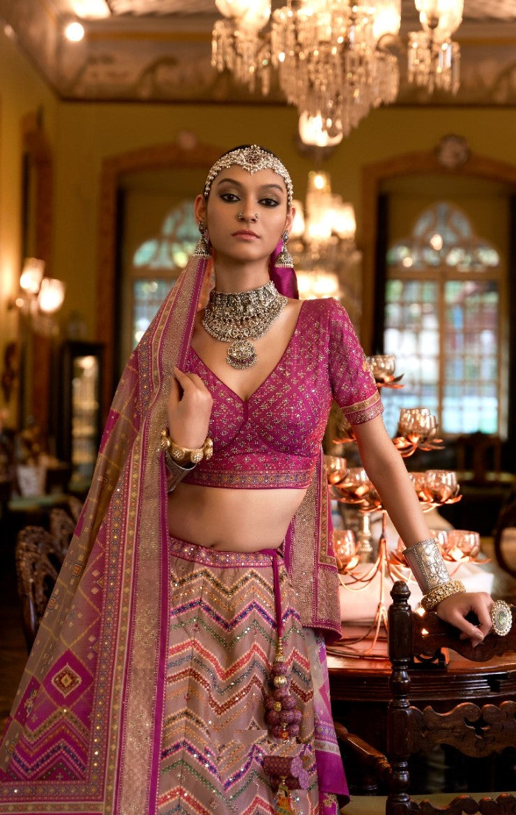 Glamorous Pink Rajwadi Silk Bridal Lehenga With Mirror Work