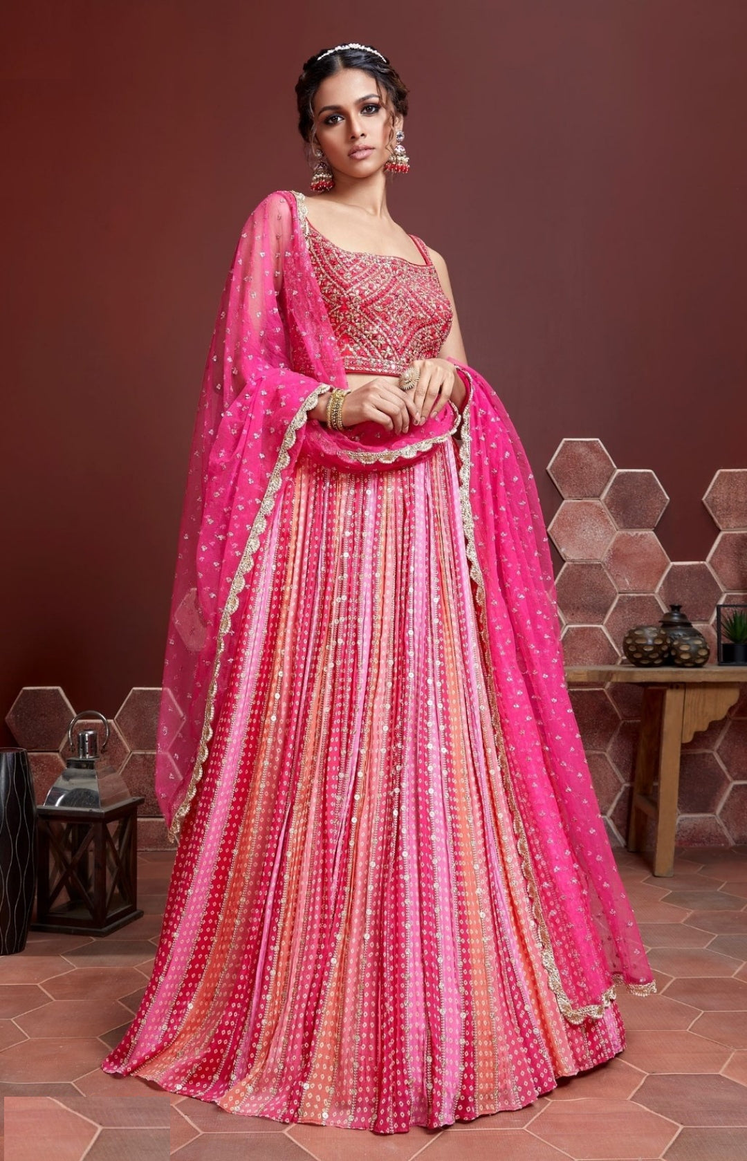 Vibrant Rani Pink Chinon Silk Embroidery With Mirror Work Stylish Lehenga