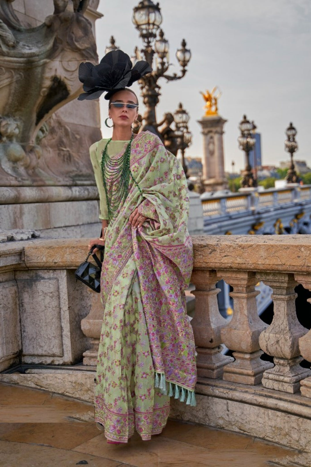 Exquisite Pista Green Organza Handloom Kashmiri Saree