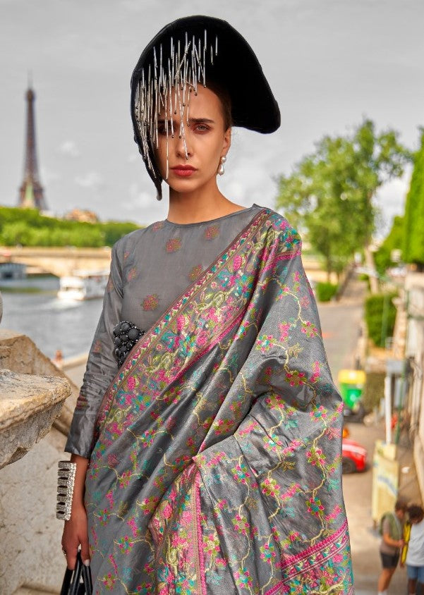Captivating Grey Organza Handloom Kashmiri Saree