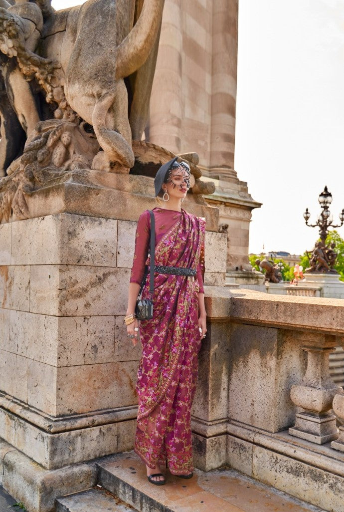 Pretty Magenta Organza Handloom Kashmiri Saree