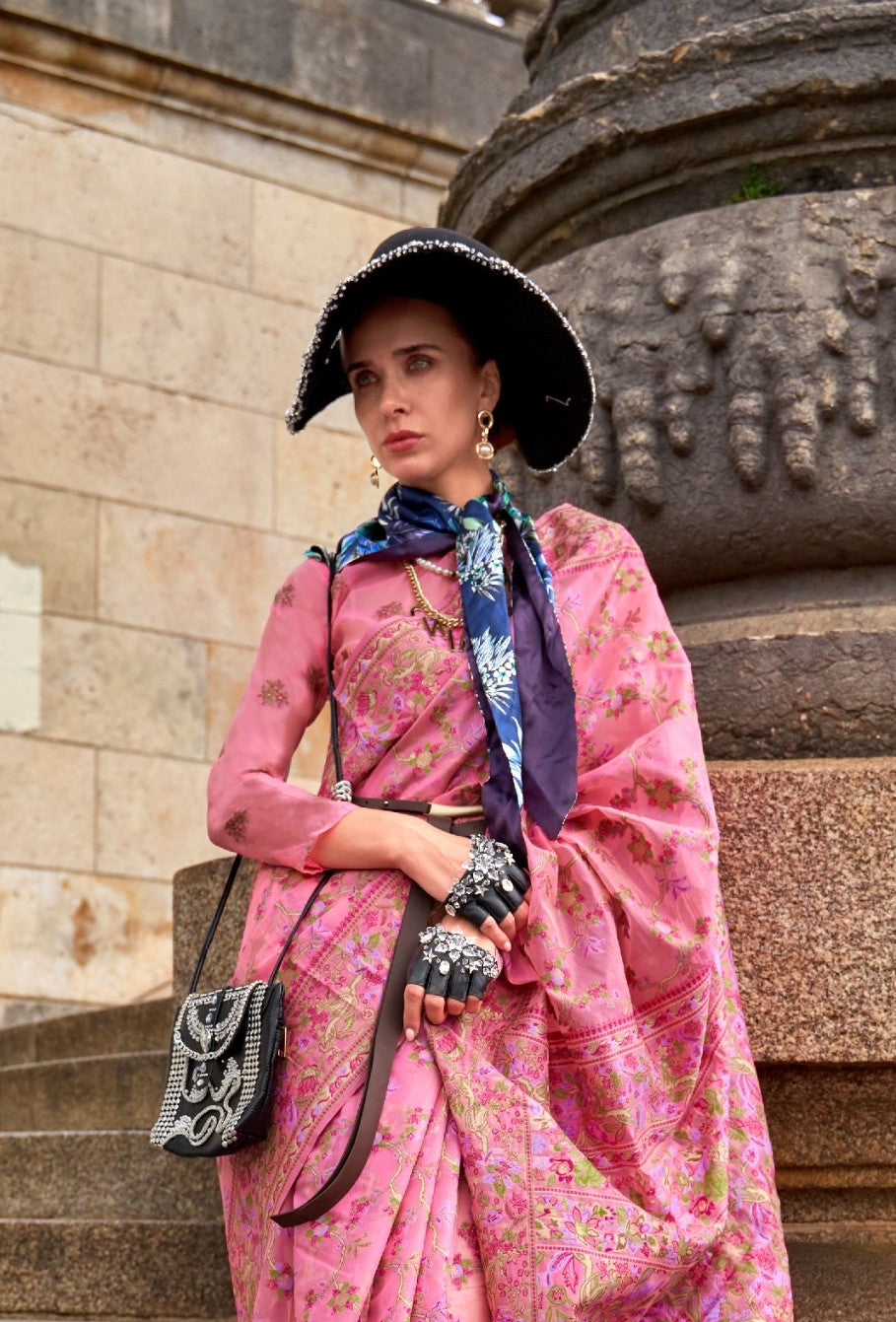 Breathtaking Pink Organza Handloom Kashmiri Saree