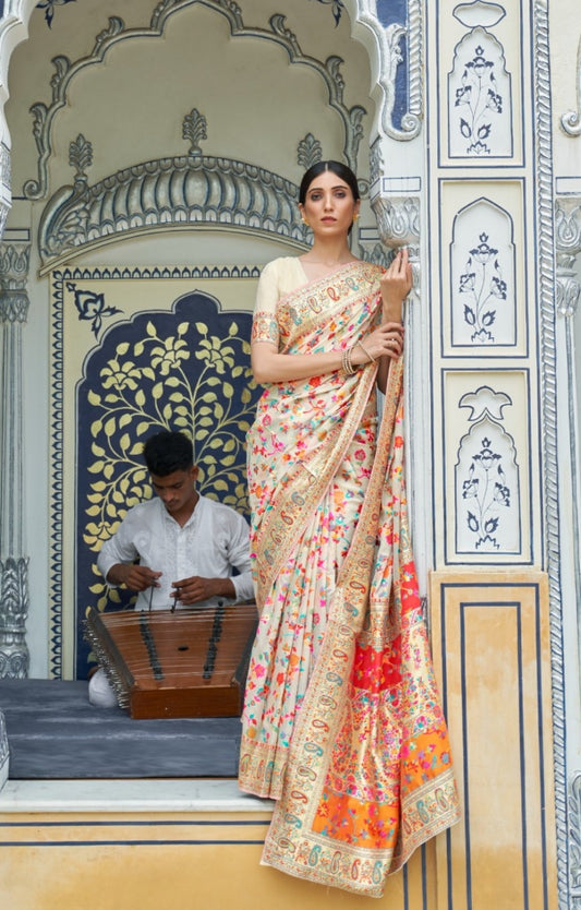 Sublime Off White Multi Kashmiri Modal Handloom Weaving Kashmiri Saree
