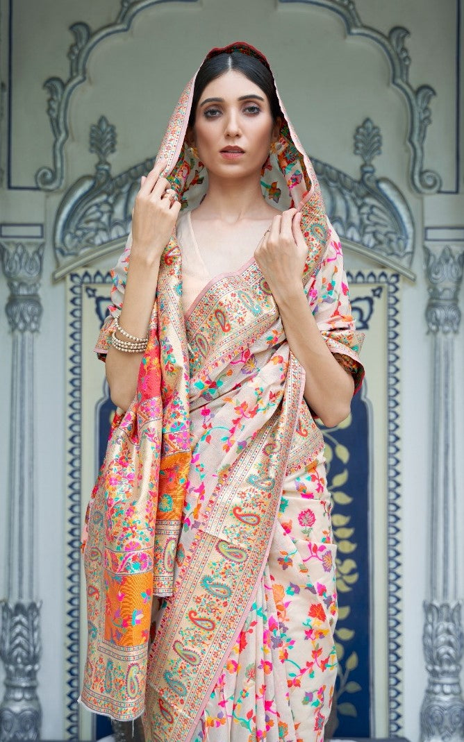 Sublime Off White Multi Kashmiri Modal Handloom Weaving Kashmiri Saree