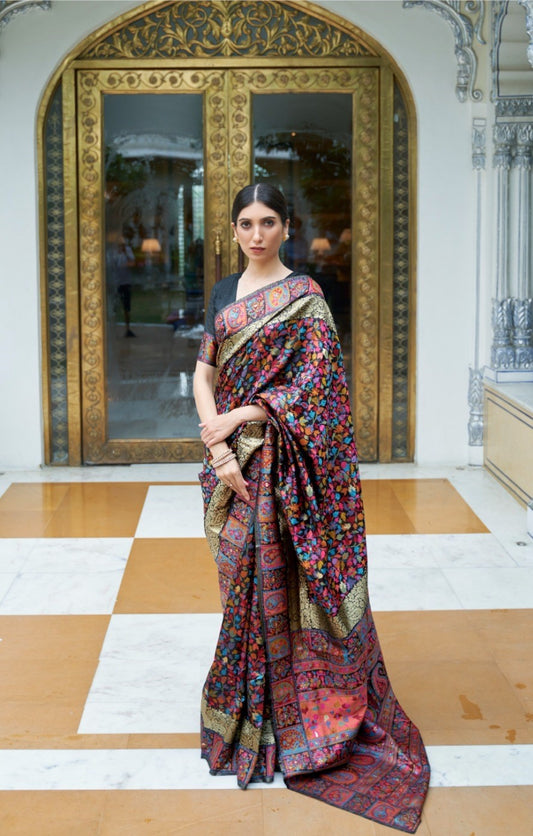 Iconic Black Multi Kashmiri Modal Handloom Weaving Kashmiri Saree