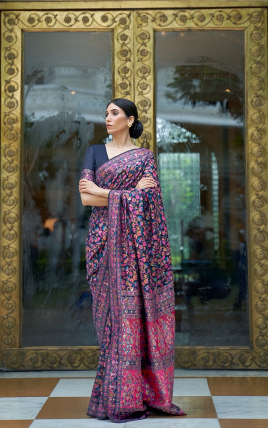 Sumptuous Navy Blue Multi Kashmiri Modal Handloom Weaving Kashmiri Saree