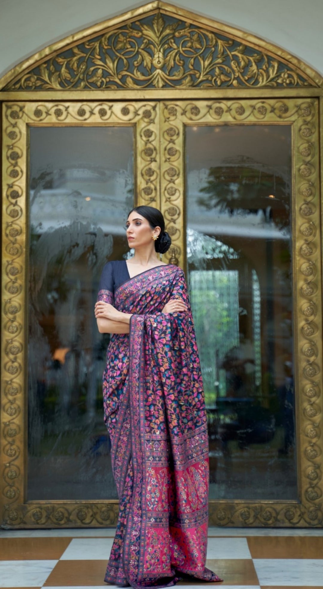 Sumptuous Navy Blue Multi Kashmiri Modal Handloom Weaving Kashmiri Saree