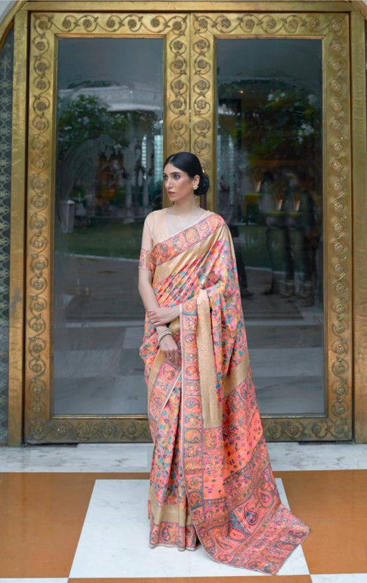 Statement-Making Peach Multi Kashmiri Modal Handloom Weaving Kashmiri Saree